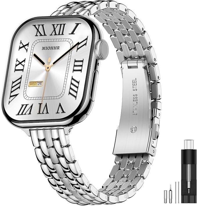MioHHR Slim Metal Bands Compatible with Apple Watch Band 49mm 46mm 45mm 44mm 42mm (Series 3/2/1), Thin Stainless Steel Bands for Women iWatch Series 11 10 9 8 7 6 5 4 3 2 1 SE3/2/1 Ultra 3/2/1, Silver