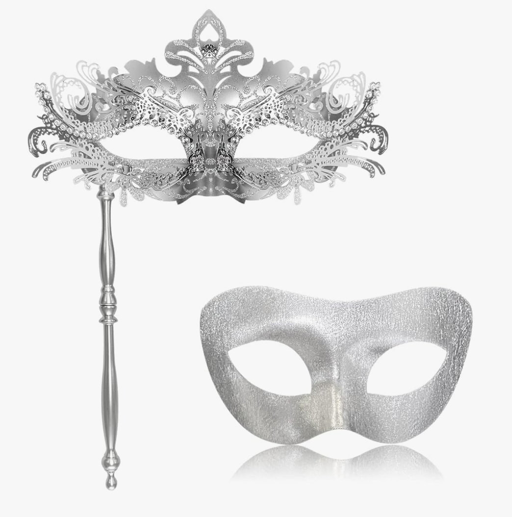 FunMular Couple Masquerade Mask with Holding Stick Metal Masks Halloween Costume Venetian Mardi Gras Mask for Women and Men