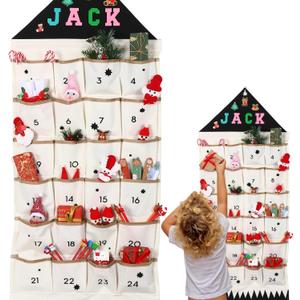 Fabric Advent Calendar with Name,Christmas DIY Advent Calendar with 24 Pockets Wall Hanging Bag,Children's Countdown to Christmas Use Year After Year (Black)