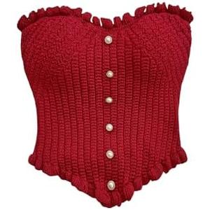 MakeMeChic Women's Strapless Bandeau Crop Top Vintage Sleeveless Ruffle Tube Tops Burgundy X-Small