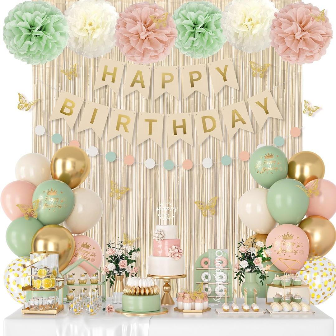 Pink and Sage Green Birthday Decorations for Women Girls, Blush Beige Sand Gold Metallic Printed Balloons Butterfly Stickers Fringe Curtain Happy Birthday Banner Circle Dot Paper Pompom Party Supplies