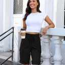 luvamia Bermuda Shorts for Women Knee Length Pull On Elastic Waist High Rise Fold Hem Casual Summer Chino Cargo Shorts (Black, L)