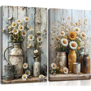 2Pcs Farmhouse Daisy Canvas Wall Art Rustic Wood Grain Flowers Posters Prints Still Life Botanical Painting Vintage Country Floral Wall Decor for Living Room Bedroom Bathroom Decoration Framed (24L"x16W")