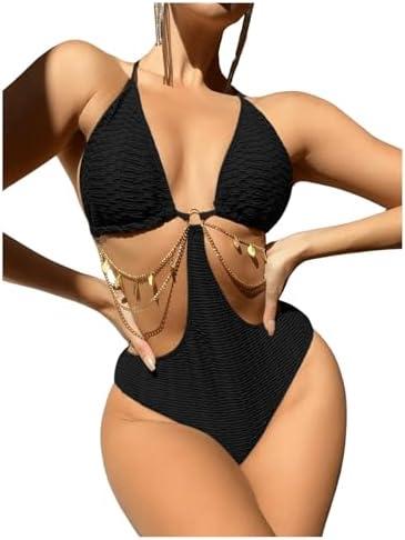 OYOANGLE Women's Chain Linked Cut Out Halter One Piece Swimsuit Tummy Control Bathing Suit, Size Large