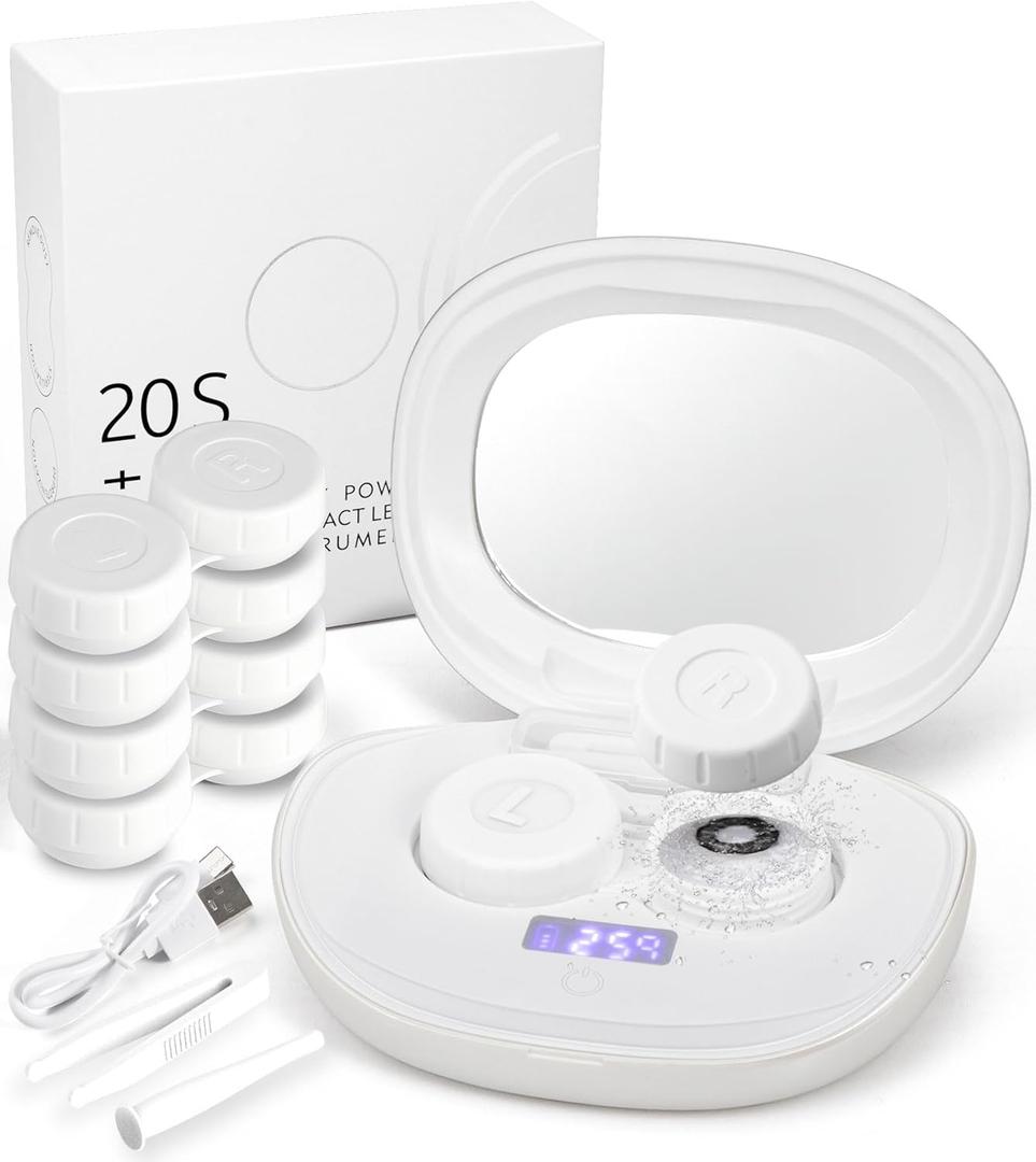 Ofone Contact Lens Cleaner, Ultrasonic Contact Lens Cleaning Machine with USB Charger, Timer Display and 5 Contact Solution Cases Kit Replacement for Soft Hard Colored RGP Lenses (White)
