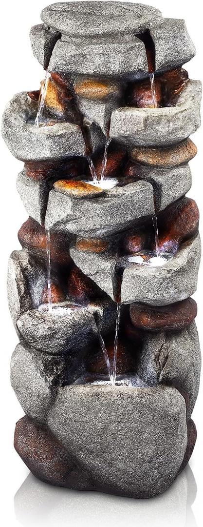 40" H Outdoor Water Fountain, Cascading Rock Waterfall Fountain with 6 White LED Lights, 7-Tiers Large Water Feature for Outdoor, Garden Water Fountain for Patio, Yark, Deck, Porch, Home Decor