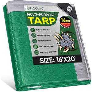 TICONN Heavy Duty Tarp Cover, Extra Thick Tarps Waterproof Tear and Rip Proof UV Resistant Tarpaulin with Reinforced Grommets and Edges (16 Mil, 16'x20')
