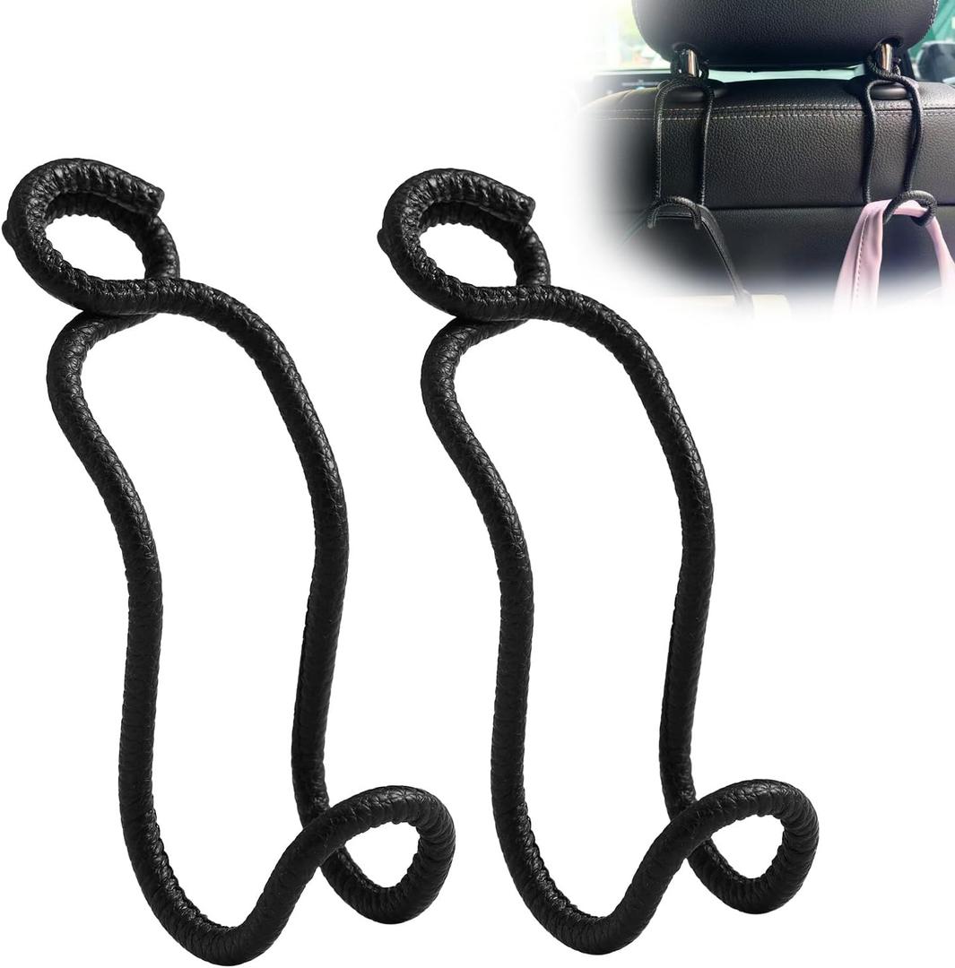 Idefair Car Hooks for Headrest - 2 Pack Car Bag Holder with Lock Loop, Coating Leather Scratch-Free Auto Purse Hanger, Car Seat Back Storage Gadgets Accessories for Jeep SUV Truck - Black Leather/2S