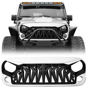 Front Grill Shark Grille Compatible with 2007-2018 Jeep Wrangler Rubicon Sahara Sport JK JKU, White and Black