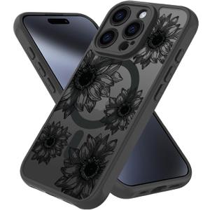 for iPhone 14 Pro Max Case Flowers Floral Translucent Design Phone Cover Soft TPU + Hard PC Anti-Scratch Shockproof Cute Magnetic Case for Women (Compatible with Magsafe), Black