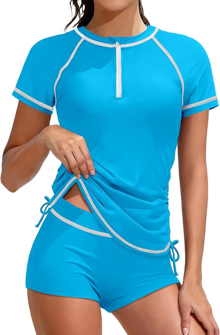 Girls Swimsuit Rash Guard Bathing Suit for Girls 2 Piece Short Sleeve Solid Color UPF 50+ Padded Zip Swimwear 7-18y (9-10 Years, Light Blue)