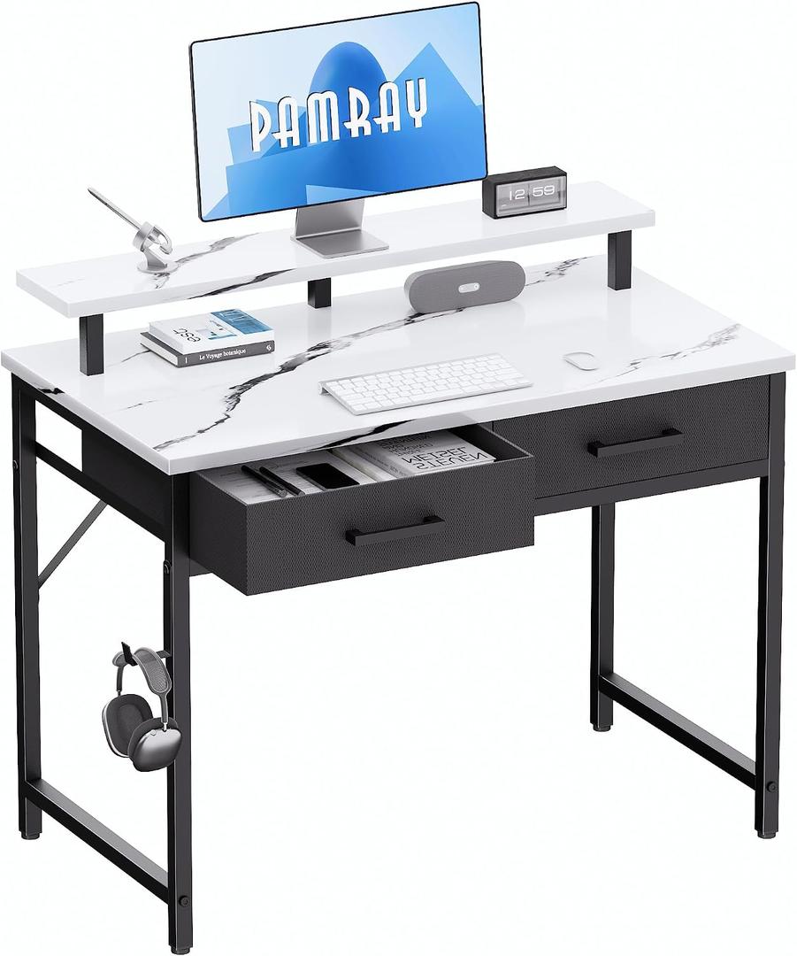 Pamray 32 Inch Small Computer Desk with Monitor Stand Home Office Desks with 2 Drawers for Bedroom Study Writing and Work Table for Small Spaces Marble