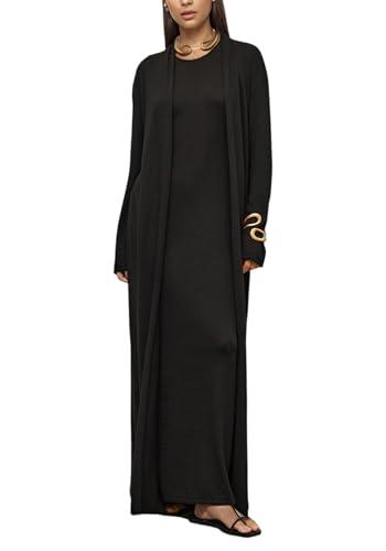 LETSVDO Womens Sweater Two Piece Set Fall V Neck Knitted Dress Floor Length Thin Cardigan Sweaters Lightweight Comfy Outfits Medium