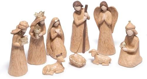 Hodao Nativity Set 9-Piece – Sandstone-Style Resin Holy Family, Three Wise Men, Angel & Animals – Neutral Tan Christmas Crèche for Indoor Home Decorations & Tabletop Décor, Christian Gift Figurines. Missing Parts