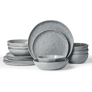 Famiware Porcelain kitchen plates and bowls set, Modern dishes set for 4, Handmade Wave Edge Dinnerware Sets, Microwave and Dishwasher Safe Tableware, Sleek Grey (16pc)