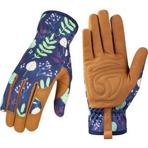 Bamllum Leather Gardening Gloves for Women - Working Gloves for Weeding, Digging, Planting, Raking and Pruning (Brown)