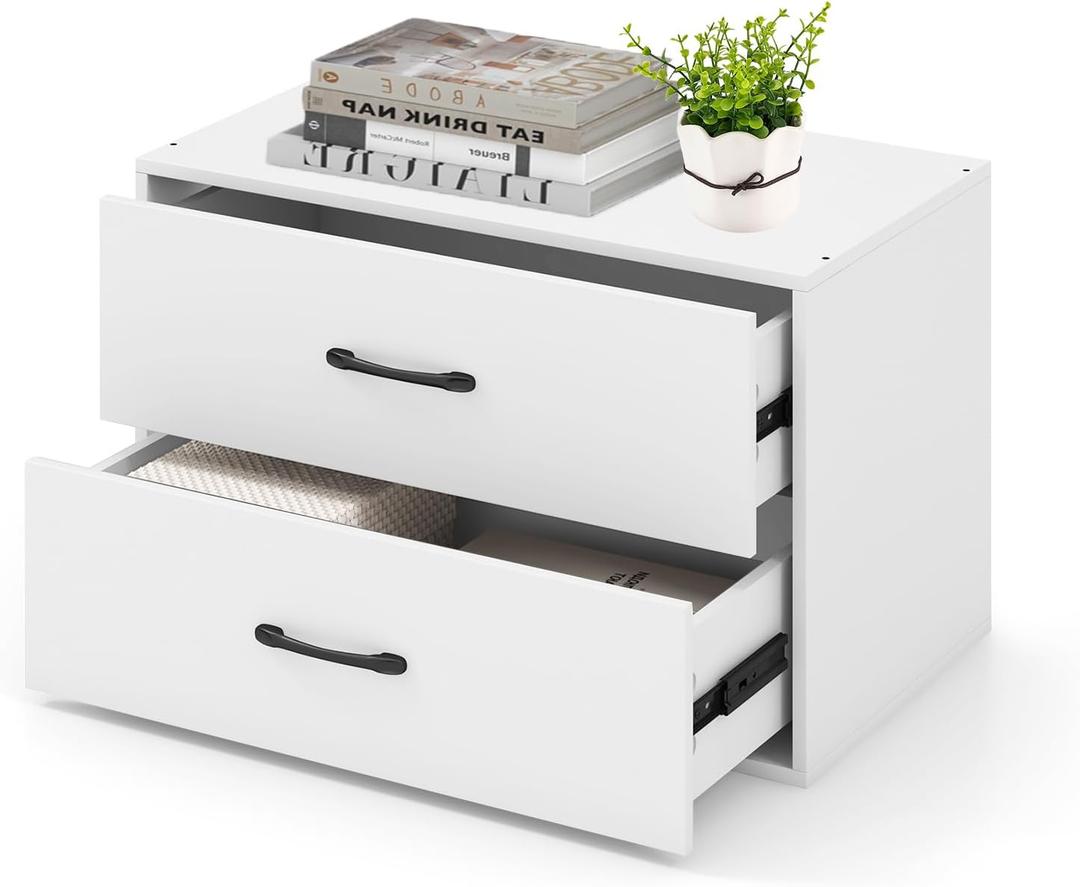 2 Drawer Lateral File Cabinet, Stackable Home Office Drawers, Under Desk Printer Stand, Low Storage Organizer, Horizontal Wooden Filing Cabinet for Study Living Room, No Wheels (1, White)