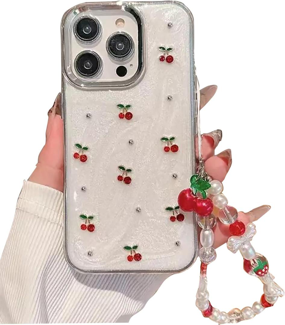 Cute Case for iPhone 14 Pro Max,Red Cherry Pearls with Phone Charm Chain,Pearlized Fruit Case for Women Girls Designed Shockproof