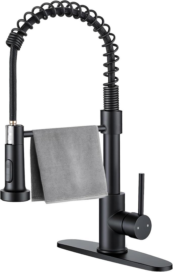 Durable Kitchen Sink Faucet with Sprayer, Compatible with 1 Hole or 3 Hole, 360 Rotatable Pull Out Kitchen Sink Faucets Single Handle Spring Kitchen Faucet Matte Black