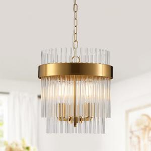 Dijiahua 3-Light Gold Pendant Lights Kitchen Island, 2-Tiers Crystal Pendant Light Fixtures Over Table, 12.6''Dia Brass Dining Room Glam Chandelier,Modern Adjustable Cord Hanging Lamp for Bedroom
