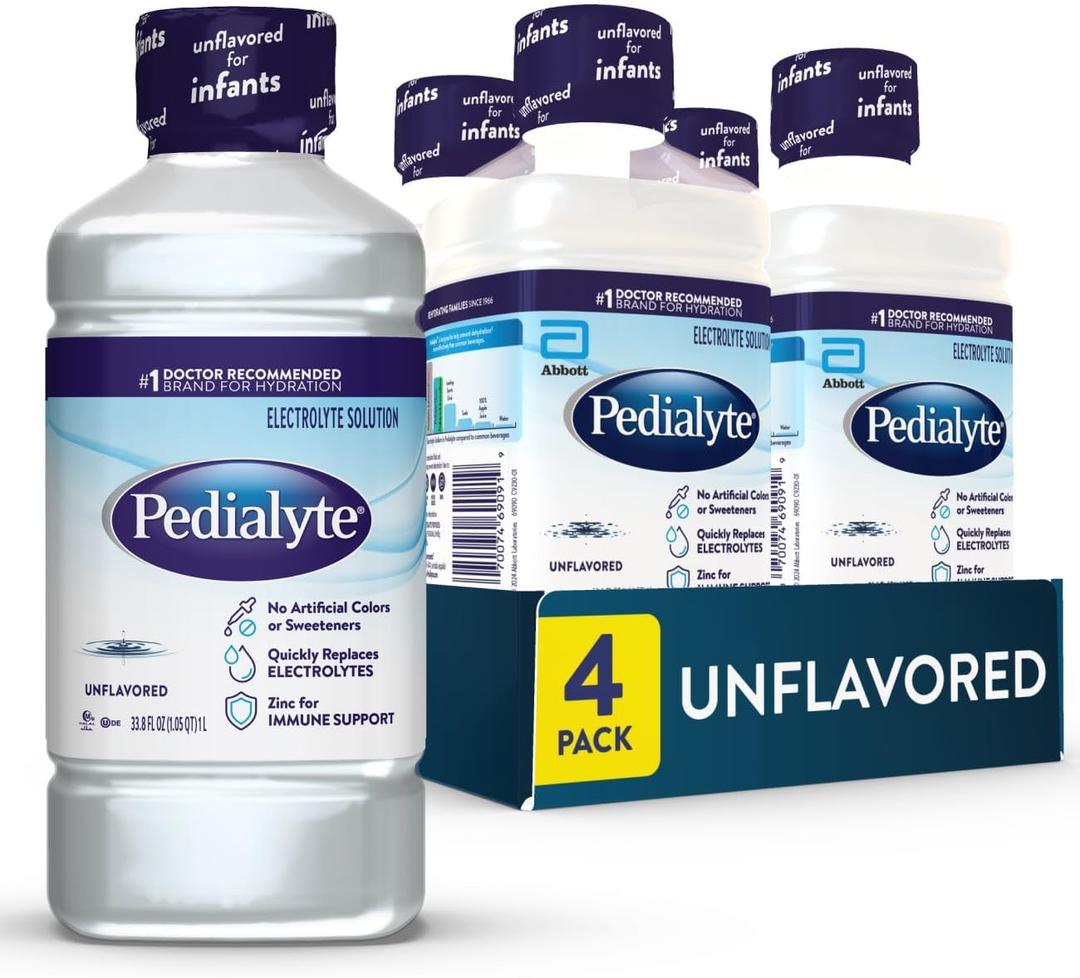 Pedialyte Electrolyte Drink, Hydration Drinks for Kids & Adults, Unflavored, 1 Liter, Pack of 4