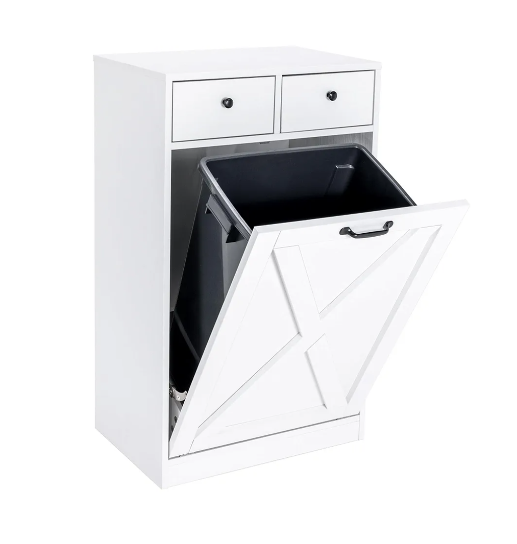 13 Gallon Tilt Out Trash Cabinet with 2 Drawers Wood Hidden Kitchen Recycling Cabinet Free Standing Pet Proof Trash Can Laundry Cabinet for Kitchen (White)