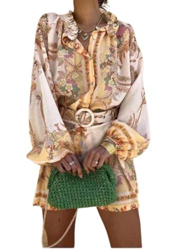 ksotutm Womens 2 Piece Outfits Boho Lantern Sleeve Button Down Floral Print Shirt Shorts Tracksuit Lounge Set Shorts Set.M