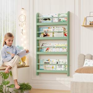 FOTOSOK Kids Bookshelf, Wall Mount 4-Tier Book Shelf Organizer for Toys and Books, Toy Storage Bookshelf in Bedroom, Living Room and Nursery, Green