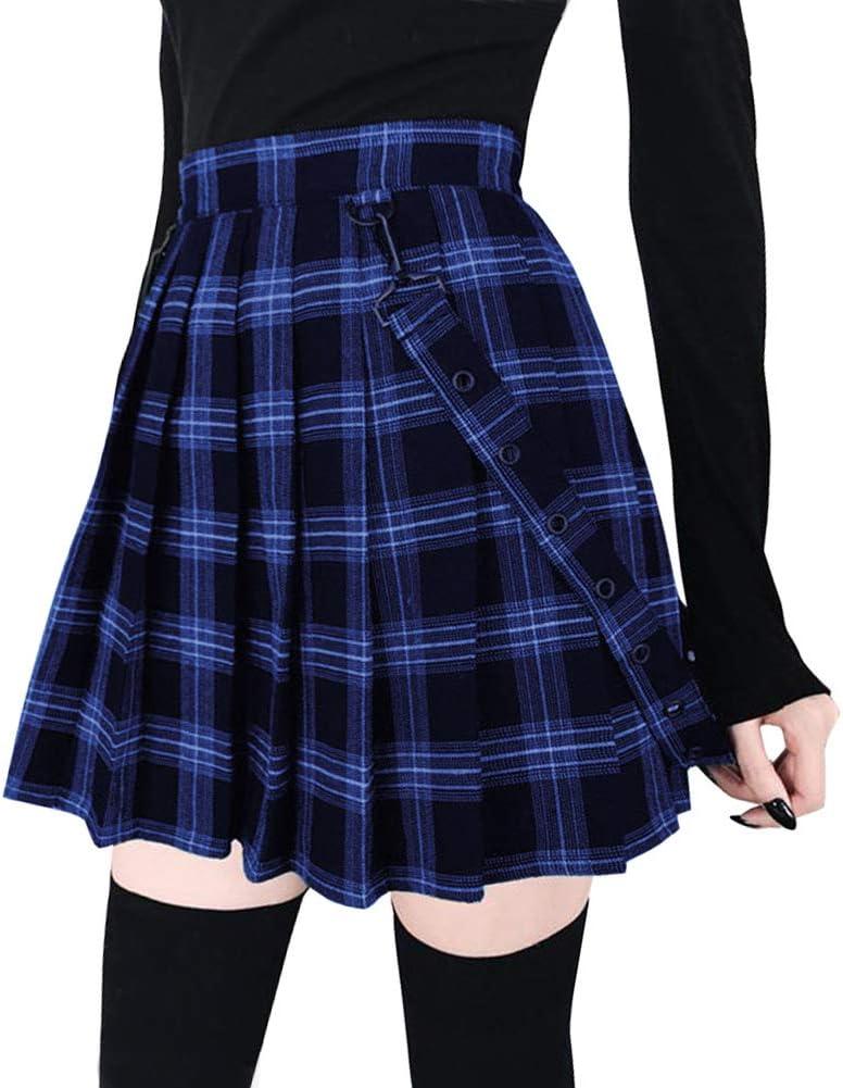 chouyatou Women's Cool Sweet A-Line Decorative Strap Plaid Pleated Mini Skirt (Medium, Blue) chouyatou Women's Cool Sweet A-Line Decorative Strap Plaid Pleated Mini Skirt (Medium, Blue)