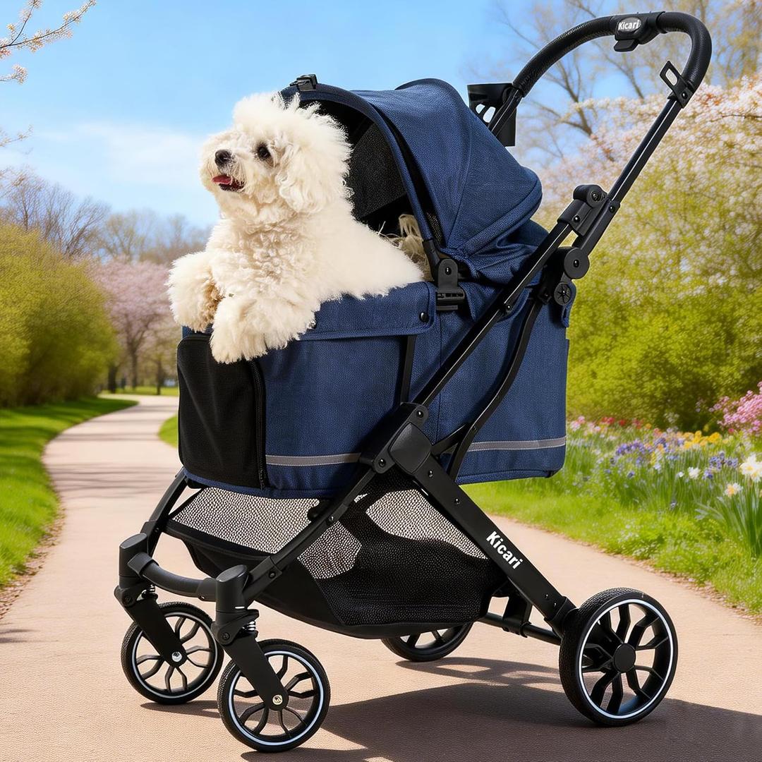 All-Terrain Dog Stroller for Small to Medium Dogs, Pet Stroller for Dogs & Cats Outdoor Walks, One-Hand Easy Fold, Double-Layer Anti-UV & Waterproof Canopy & Breathable Mesh, Midnight Blue