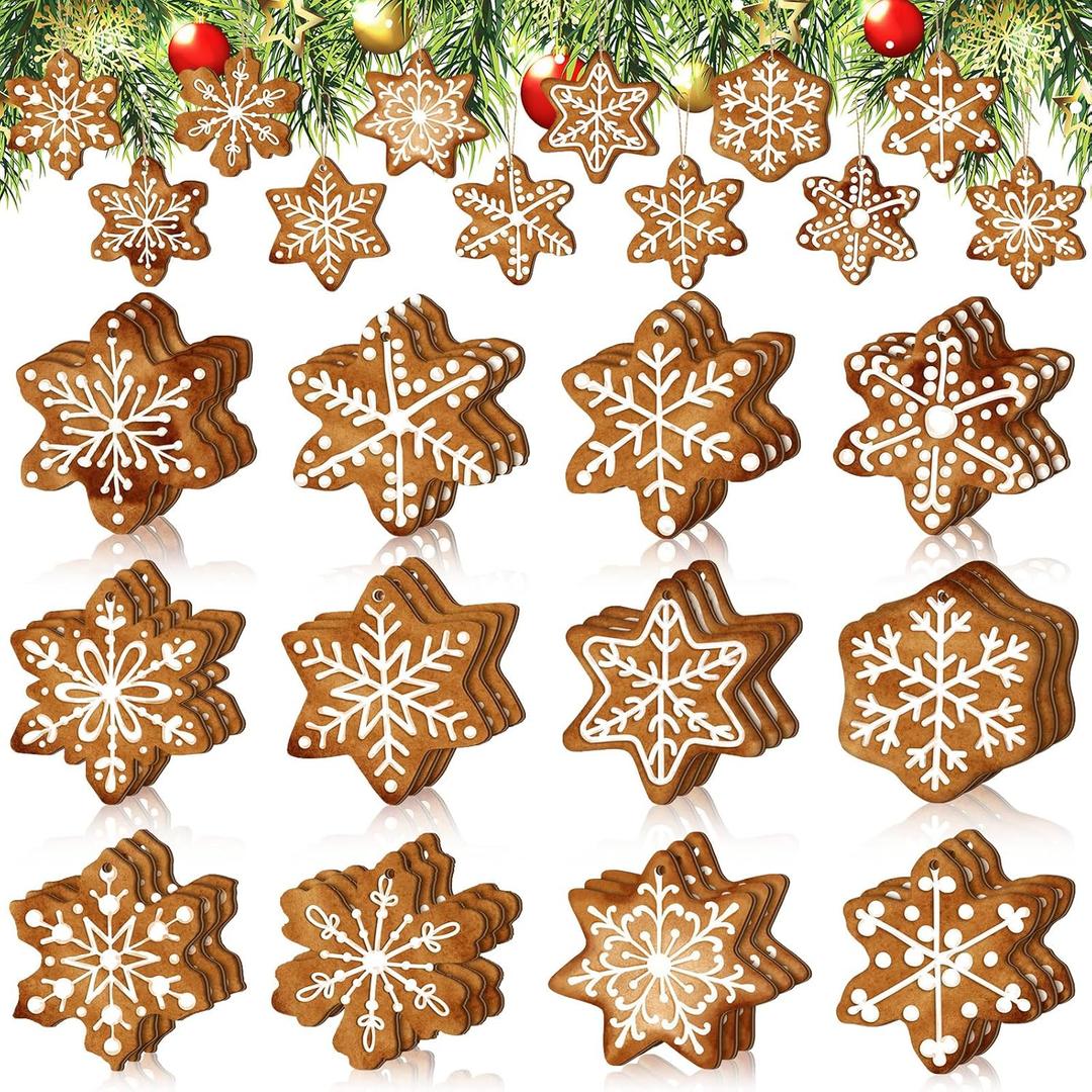 36 Pcs Christmas Gingerbread Ornaments for Tree Mini Snowflake Wooden Hanging Winter Xmas Ornaments with Ropes for Christmas Party Holiday Winter Crafts(Brown,Snowflake)