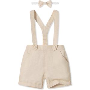 Volunboy Baby Boy Suspenders Shorts Toddler Cotton Linen Shorts with Bowtie Infant Gentlemen Formal Outfits (18-24 Months, Khaki)