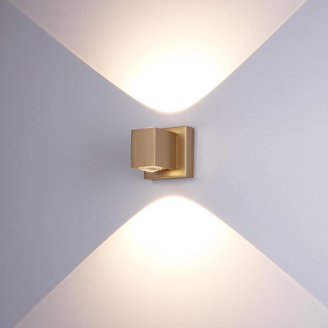 Tubicen Gold Wall Sconce Up and Down Dimmable Indoor Wall Light Fixture Hardwired Movie Theater Sconces Lighting 10W Bright Wall Lights for Living Room Hallway Stairway 3000K Gold Square Sconce