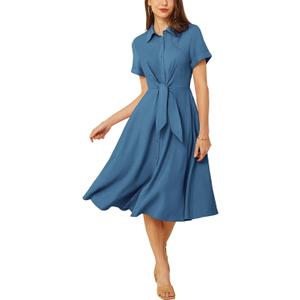 GRACE KARIN Womens Linen Dresses Summer Casual Flowy Collar Button Down Dress Front Tie Short Sleeve Pockets Midi Work Dress (Medium, Gray Blue)
