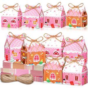 Reallnaive 48 Pcs Mini Pink Christmas Cookie Boxes Gingerbread House Gift Box with String Kraft Paper Christmas Treat Boxes Mini Goodie Containers for Xmas Party Packaging Favor Supplies 4 Designs