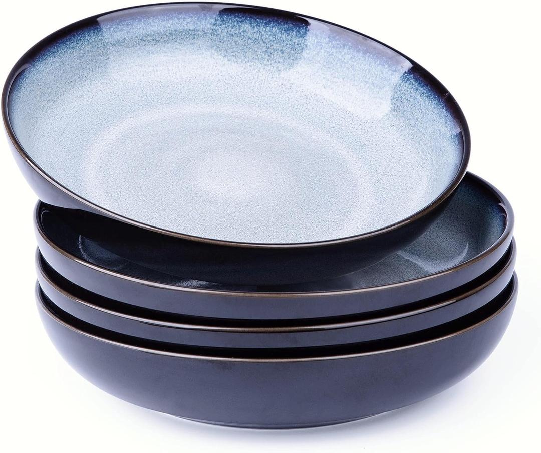 LERATIO Pasta Bowls,Ceramic 38oz Pasta Bowls,9.0" Reactive Glaze Pasta Bowl Set of 4,Microwave & Dishwasher,Oven Safe,Large Wide Serving Bowls for Salad, Dessert, Pizza, Fruit,Gray White
