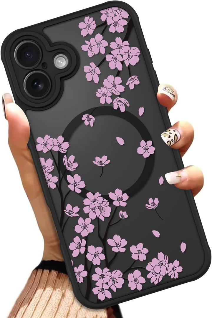 OOK Case for iPhone 17 6.3 Inch (Compatible with MagSafe) Cherry Blossom Pink Floral Flowers Translucent Phone Cover Soft TPU + Hard PC Anti-Scratch Shockproof Magnetic Cute Case for Women