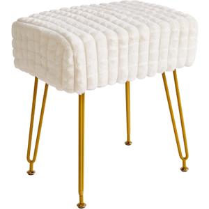 IBUYKE Rectangular Footrest Stool Ottoman, Makeup Vanity Stool Side Table, Velvet Dressing Table Seat, Footstool Chair, Golden Steel Legs, for Makeup Room, Bedroom, Square Grid Pattern, White WBD003W (without storage)