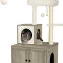 FourFurPets Multipurpose Litter Box Enclosure, Cat Tree and Condo, Side Table, with Large Platform, Cat House, Full Sisal Posts, Removable Washable Cushion, Greige (23.6"L x 19.5"W x 44.9"H)