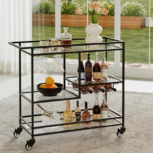 Black Bar Cart, Home Bar Serving Cart with Handle, Wine Cart with 3-Tier Glass Shelves, Beverage Cart with Wine Rack and Glass Holder, Bar Carts for The Home, Dining Room, 3 Tier Black-33.8"w