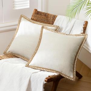 Phantoscope Pack of 2 Farmhouse Modern Spring Decorative Throw Pillow Covers Burlap Linen Trimmed Outdoor Pillows Tailored Edges Off White 18 x 18 inches, 45 x 45 cm