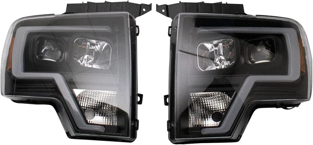 TRQ 2 Piece Headlight Assembly Set Performance Halogen LED Light Bar Black Bezel Driver & Passenger Side Compatible with Ford F-150 2009-2014 FO2502287 FO2503287 FO2502289 FO2503289