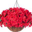 Artificial Fake Hanging Flowers for Outdoors Basket Spring Decor, Bougainvillea Faux Hanging Plants Outdoor Silk Flower in Planter Look Real UV Resistant for Outside Porch Patio Garden Yard Home, Red