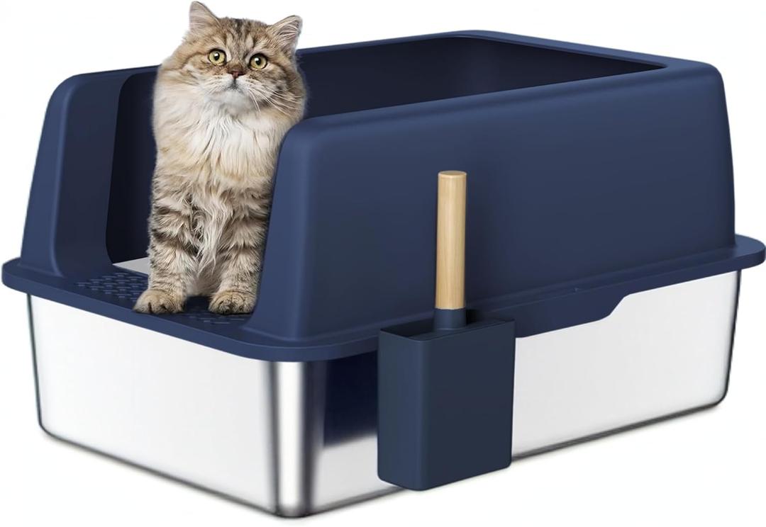 Stainless Steel X-Large Blue Semi-Enclosed Litter Box kit for Multiple Cats, Matching Scooper and Holder Included, High-Sided, Easy to Clean