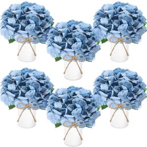 Mimorou 6 Sets Flower Table Centerpieces Dusty Blue Artificial Wedding Faux Hydrangeas with Rustic Metal Vase for Office Home Kitchen Table Wedding Bridal Tea Party Decoration