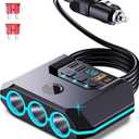 Car Cigarette Lighter Adapter Splitter, 120W, 3 Sockets+4 USB include 2 Quick Charge Ports, LED Voltmeter, Independent Switches, 30in Cable, Easy Fix and Move, Suitable for 12V-24V Vehicles.