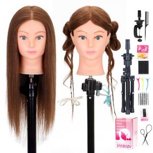 Mannequin Head Human Hair with Tripod Stand 22"-24" Female 100% Human Hair Mannequin Head Hair Styling Cosmetology Manikin Head Doll Head for Hairdresser with Clamp Holder and Tools (#4 Set)