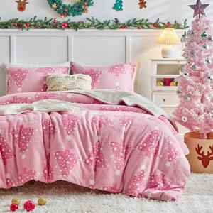Joyreap 3pcs Fluffy Sherpa Comforter Set Twin, Pink Christmas Tree Design for Girls, Warm Plush Shaggy Bedding Set for Winter- 68x88 inches
