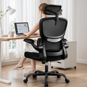 High Back Ergonomic Office Chair, Breathable Mesh Desk Chair with Lumbar Support, Adjustable Headrest, Flip-up Armrests, Computer Gaming Chair (Black)
