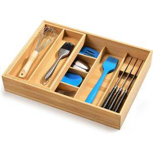 HULISEN Double Layer Bamboo Utensil Drawer Organizer, 2 Tier Silverware Cutlery Drawer Organizer with Sliding Top & Removable Knife Holder, Deep 8-Slot Kitchen Drawer Organizer